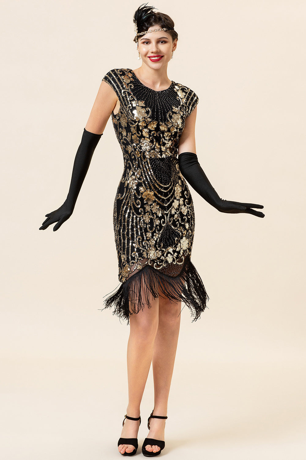 Black and Golden Cap Sleeves Sequined Fringes 1920s Gatsby Flapper Dress with 20s Accessories Set