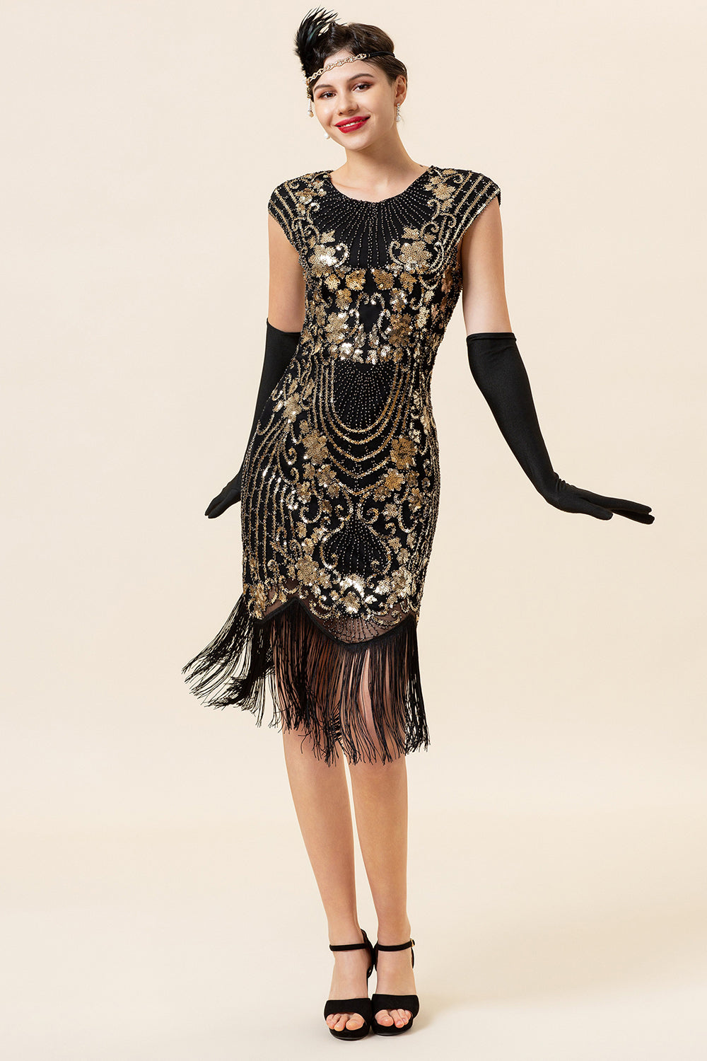 Black and Golden Cap Sleeves Sequined Fringes 1920s Gatsby Flapper Dress with 20s Accessories Set