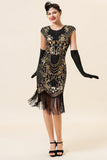Black and Golden Cap Sleeves Sequined Fringes 1920s Gatsby Flapper Dress with 20s Accessories Set