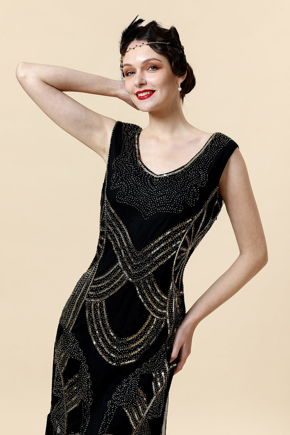 Black Sequined 1920s Gatsby Flapper Party Dress with 20s Accessories Set