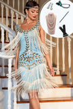 Sparkly Blue Sequined 1920s Flapper Dress with 20s Accessories