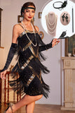 Sparkly Black and Golden Spaghetti Straps Sequins Fringed 1920s Dress with Accessories Set