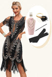 Glitter Black Sequins Fringes 1920s Gatsby Dress with Accessories Set