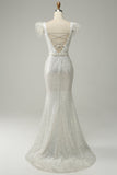 White Sequins V Neck Mermaid Long Ball Dress With Feathers