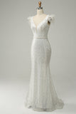 White Sequins V Neck Mermaid Long Ball Dress With Feathers