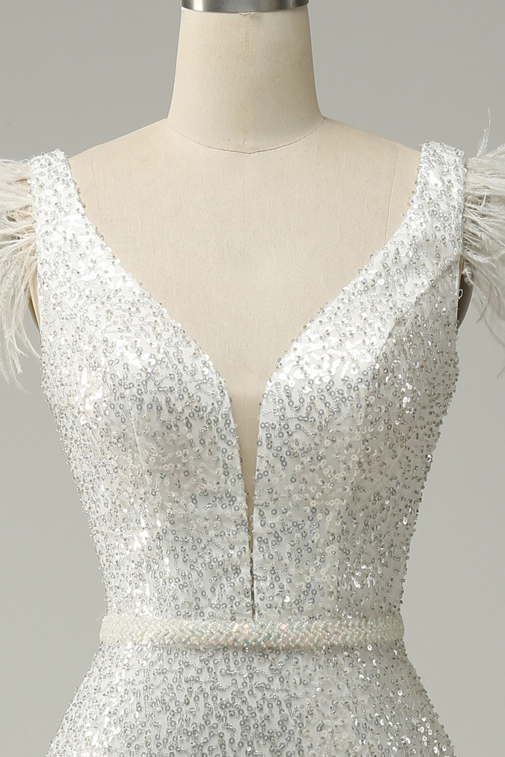 White Sequins V Neck Mermaid Long Ball Dress With Feathers