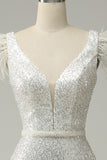 White Sequins V Neck Mermaid Long Ball Dress With Feathers