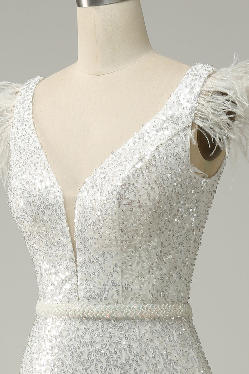 White Sequins V Neck Mermaid Long Ball Dress With Feathers