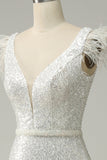 White Sequins V Neck Mermaid Long Ball Dress With Feathers