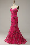 Fuchsia Sequins Print Mermaid Ball Dress
