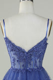 Cute A Line Spaghetti Straps Dark Blue Sparkly Corset Cocktail Dress