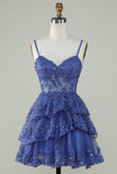 Cute A Line Spaghetti Straps Dark Blue Sparkly Corset Cocktail Dress