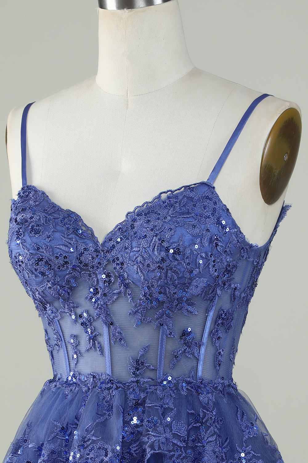 Cute A Line Spaghetti Straps Dark Blue Sparkly Corset Cocktail Dress