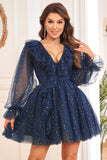 A Line V Neck Navy Short Cocktail Dress with Long Sleeves