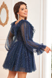 A Line V Neck Navy Short Cocktail Dress with Long Sleeves
