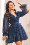 A Line V Neck Navy Short Cocktail Dress with Long Sleeves