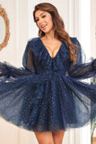 A Line V Neck Navy Short Cocktail Dress with Long Sleeves