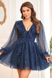 A Line V Neck Navy Short Cocktail Dress with Long Sleeves