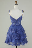 Cute A Line Spaghetti Straps Dark Blue Sparkly Corset Cocktail Dress
