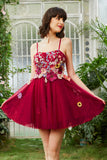 Burgundy A Line Spaghetti Straps Cocktail Dress With 3D Flowers