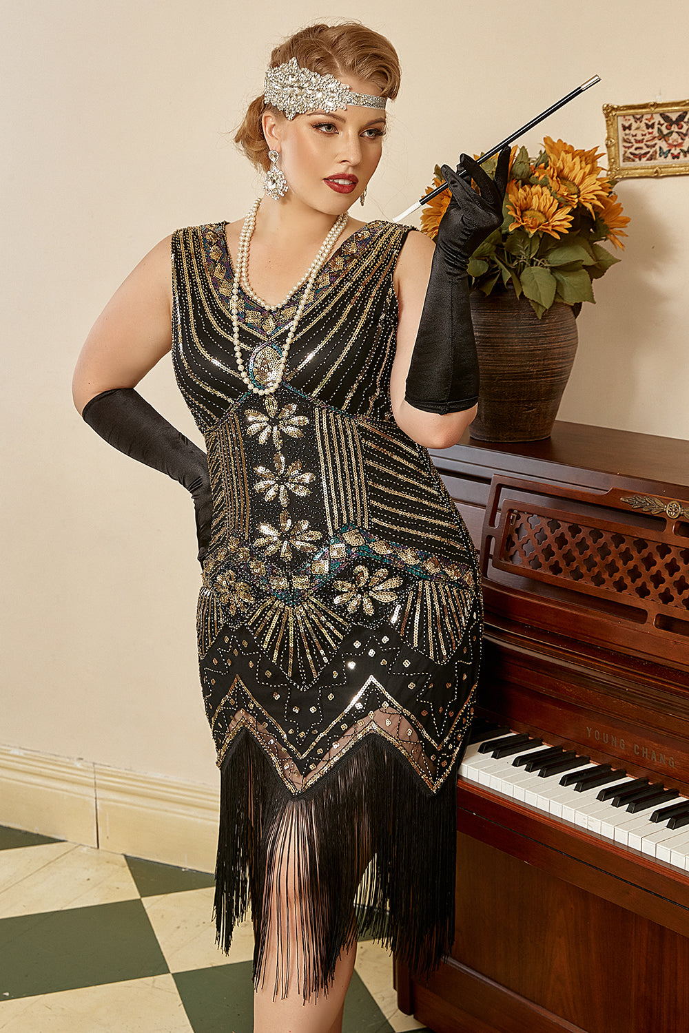 Red Sequin Plus Size 1920s Dress with Fringes