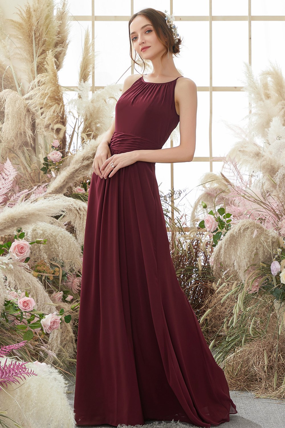 Elegant Burgundy Chiffon Bridesmaid Dress