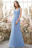 Blue V Neck Chiffon Bridesmaid Dress