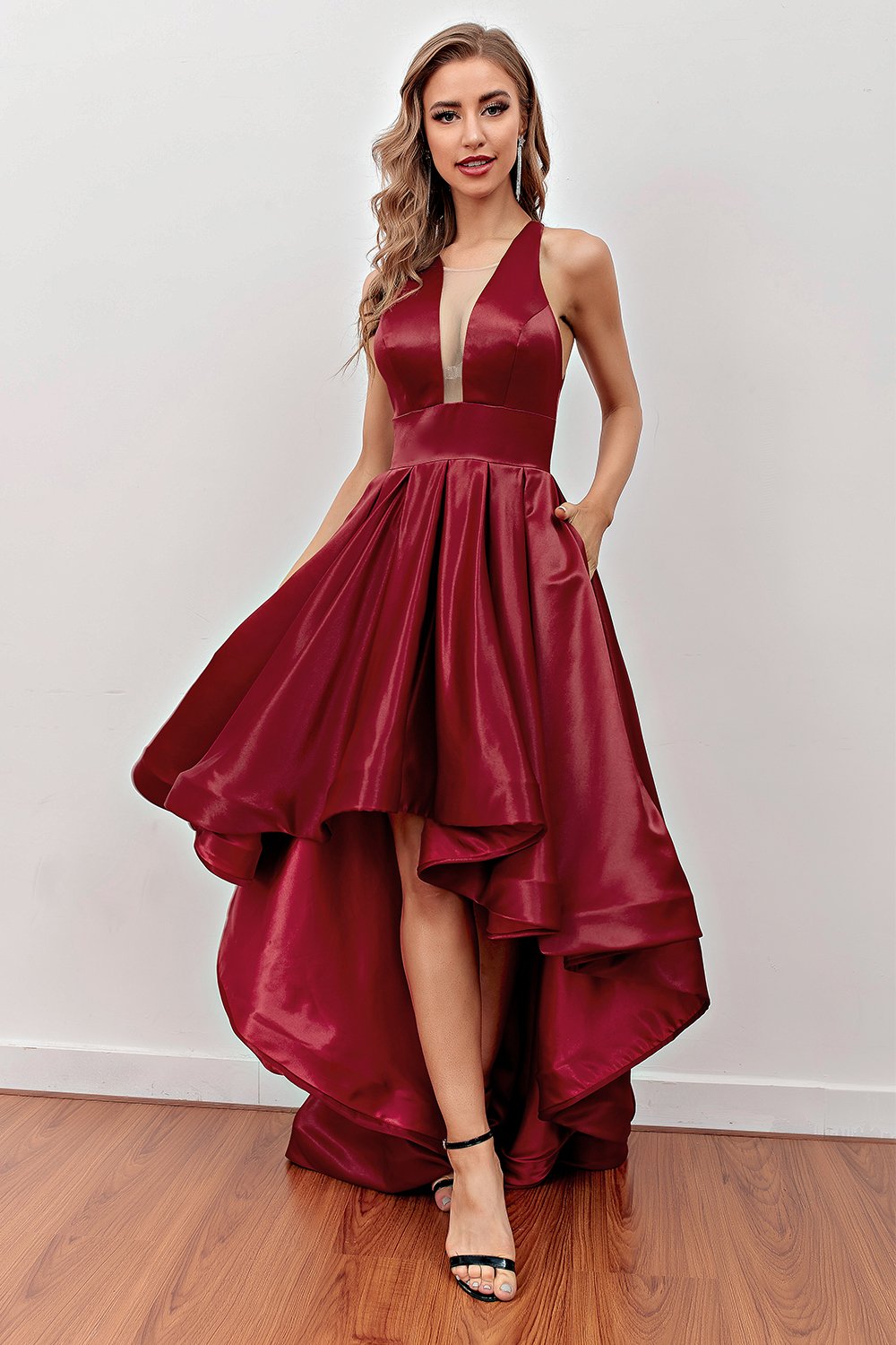 Burgundy High-Low Formal Party Dress with Pockets