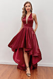 Burgundy High-Low Formal Party Dress with Pockets