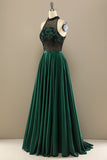 Dark Green A-Line Long Floral Appliqued Formal Dress