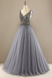 Grey V-Neck Long Beaded Ball Dress