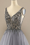 Grey V-Neck Long Beaded Ball Dress