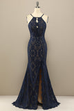 Navy Mermaid Lace Long Ball Dress