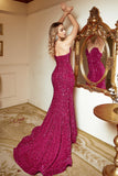 Mermaid Sweetheart Fuchsia Sequins Long Ball Dress with Sweep Train