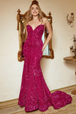 Mermaid Sweetheart Fuchsia Sequins Long Ball Dress with Sweep Train