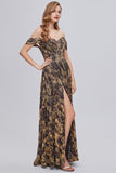 Glitter Brown Off the Shoulder Formal Ball Dress with Slit