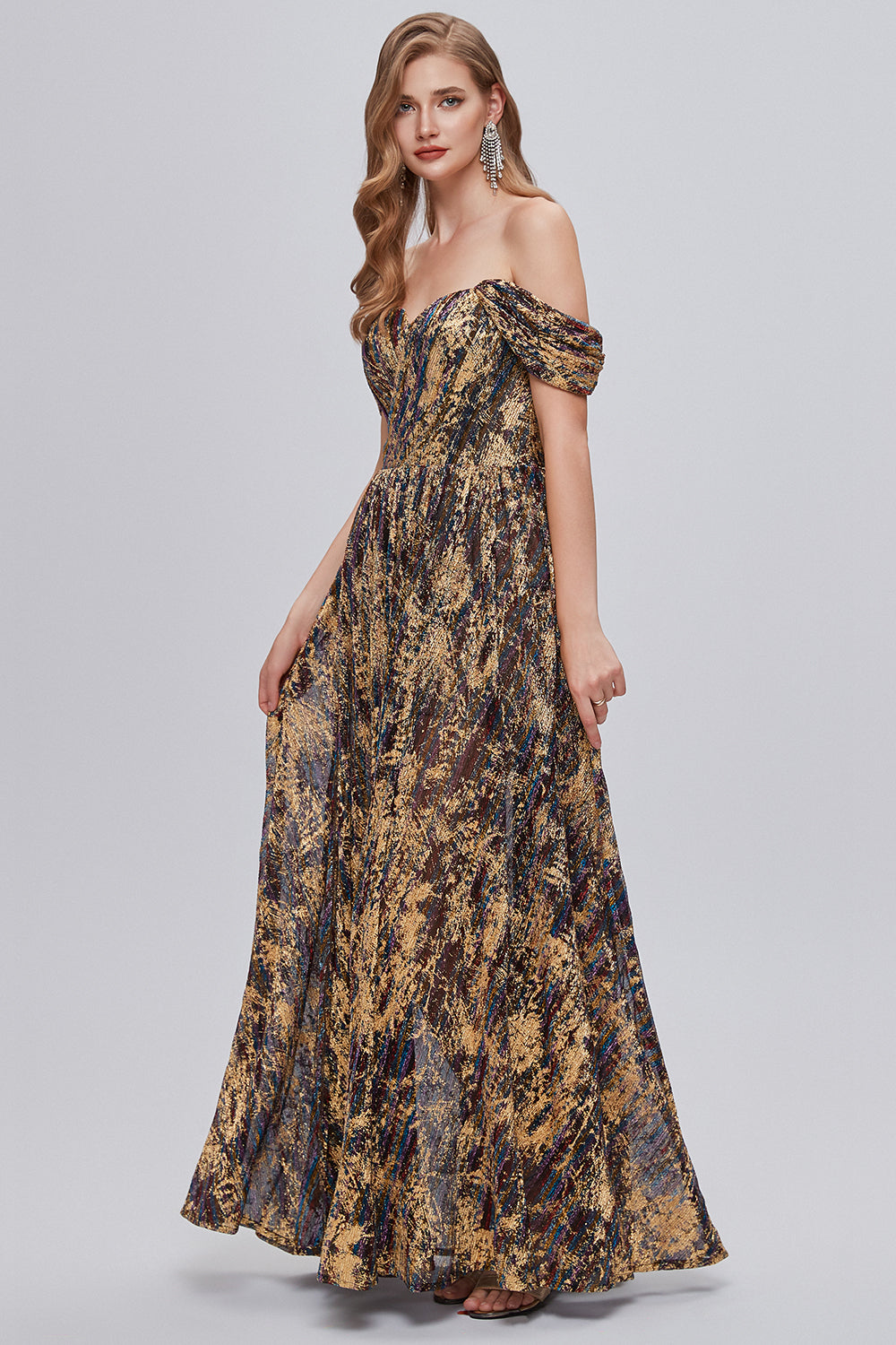 Glitter Brown Off the Shoulder Formal Ball Dress with Slit