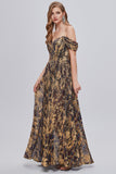 Glitter Brown Off the Shoulder Formal Ball Dress with Slit