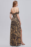 Glitter Brown Off the Shoulder Formal Ball Dress with Slit