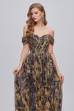 Glitter Brown Off the Shoulder Formal Ball Dress with Slit