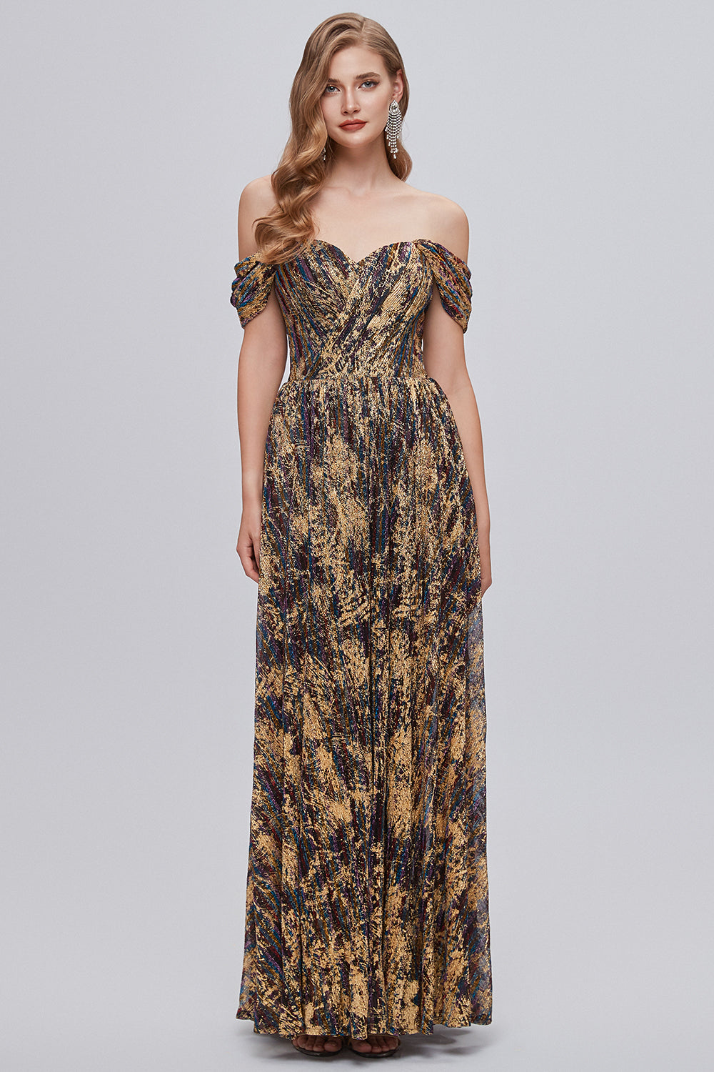 Glitter Brown Off the Shoulder Formal Ball Dress with Slit