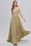 Golden Ruched A-Line Long Ball Dress