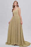 Golden Ruched A-Line Long Ball Dress