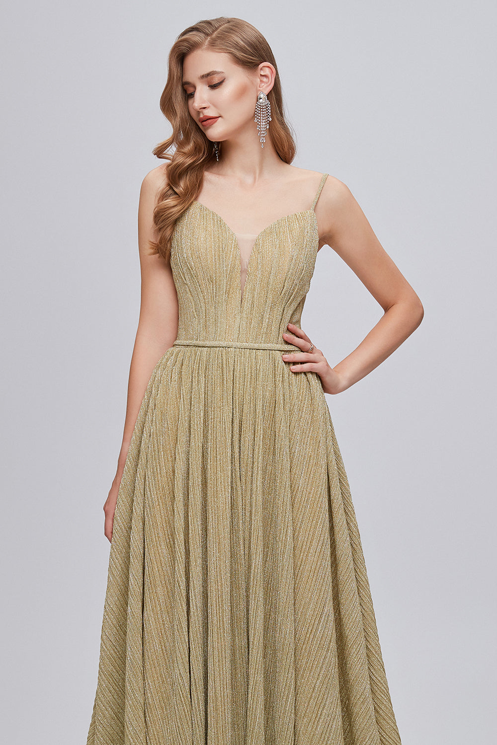 Golden Ruched A-Line Long Ball Dress