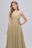 Golden Ruched A-Line Long Ball Dress
