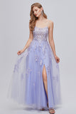 Lavender Spaghetti Straps Appliques Long Ball Dress with Slit
