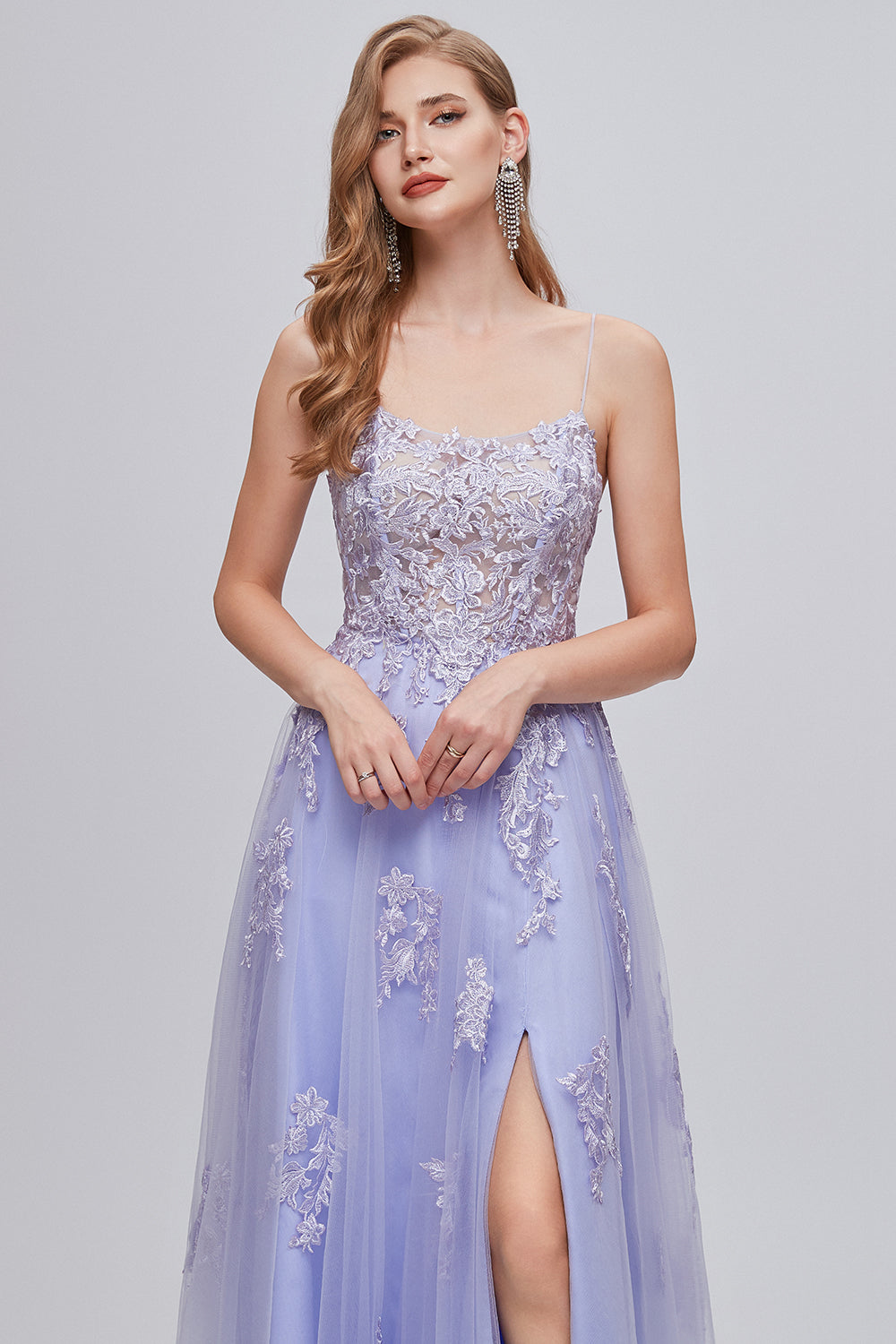 Lavender Spaghetti Straps Appliques Long Ball Dress with Slit