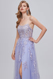 Lavender Spaghetti Straps Appliques Long Ball Dress with Slit