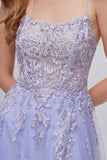 Lavender Spaghetti Straps Appliques Long Ball Dress with Slit