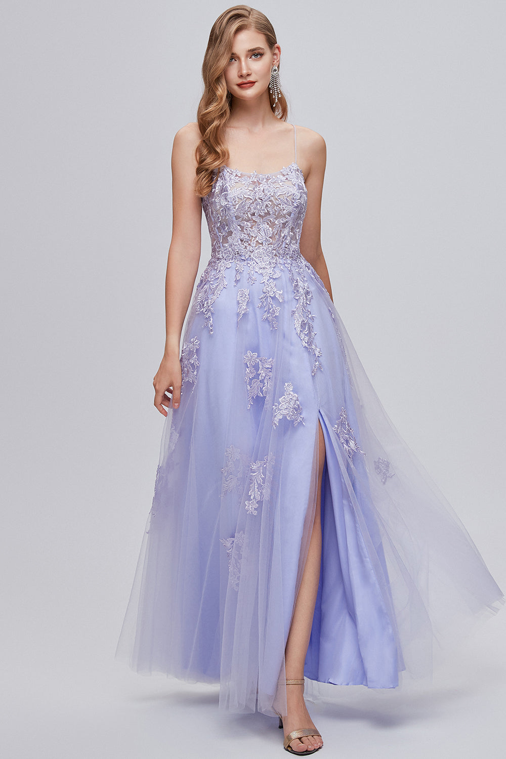 Lavender Spaghetti Straps Appliques Long Ball Dress with Slit